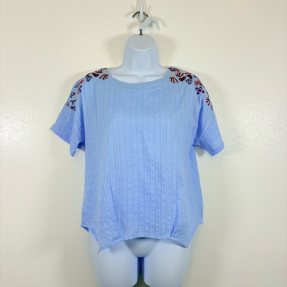 Embroidered Flower Shoulder Top Blue Ribbed Short Sleeve Boho Blouse Soft Girl
